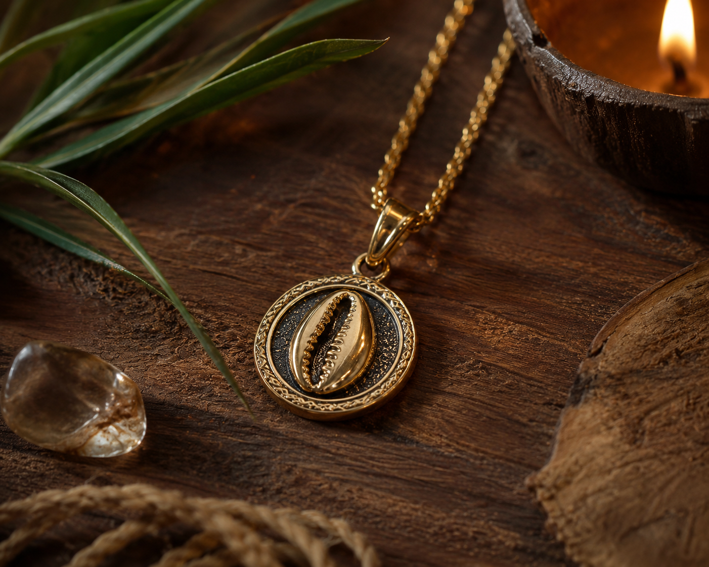 Medalhão dourado com búzio em cenário natural